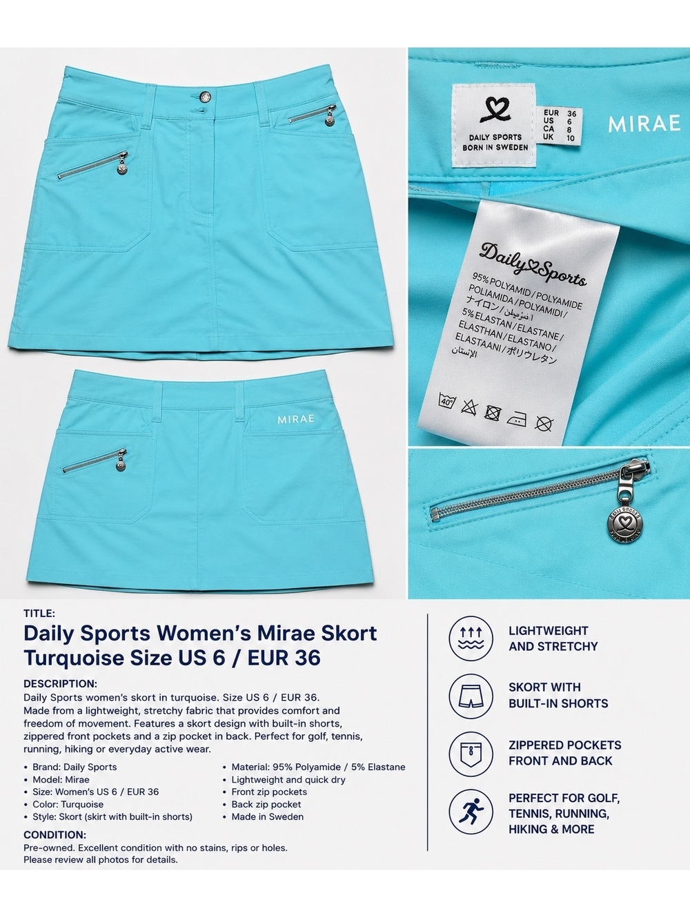 Daily Sports Women’s Mirae Skort Size 6 Turquoise Golf Tennis Zip Pockets